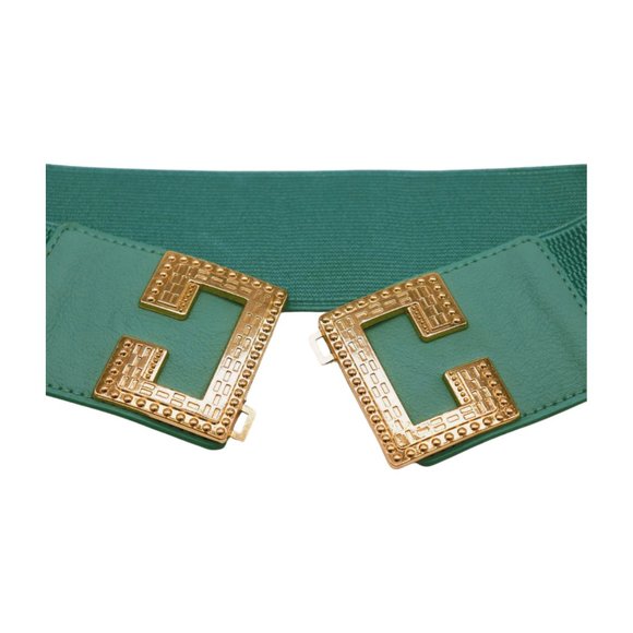 Women Jade Teal Elastic Wide Fashion Belt Hip Waist Gold Metal C Buckle Fit S M - Picture 5 of 17